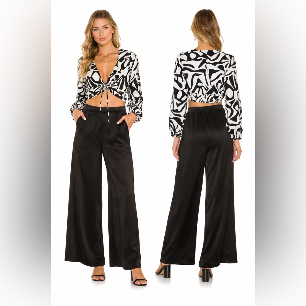 NWT Caroline Constas Crop Top & Wide Leg Pants Set Black White Silk High Rise